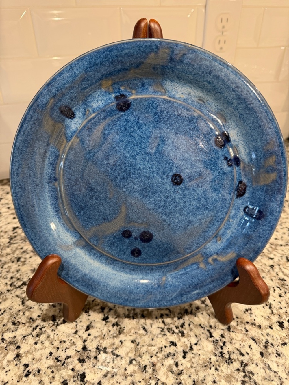 Handcrafted signed studio pottery plate with Blue Glaze Accent